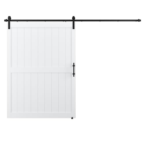 Image of COSHOMER 60in x 84in Sliding Barn Door with 10ft Barn Door Hardware Kit & Handle, Pre-Drilled Holes Easy Assembly -Solid Barn Door Slab Covered with Water-Proof PVC Surface, White, H-Frame