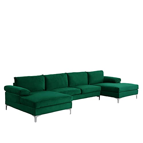 Casa Andrea Milano Modern Large Velvet Fabric U-Shape Sectional Sofa, Double Extra Wide Chaise Lounge Couch, Green #TOP3