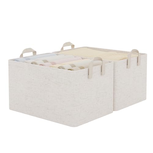 StorageWorks Storage Bins, Shelves Baskets for Organizing, 45L Extra Large Fabric Closet Organizers with Handles, Metal Frame, Beige-Cotton-linen, 2-Pack