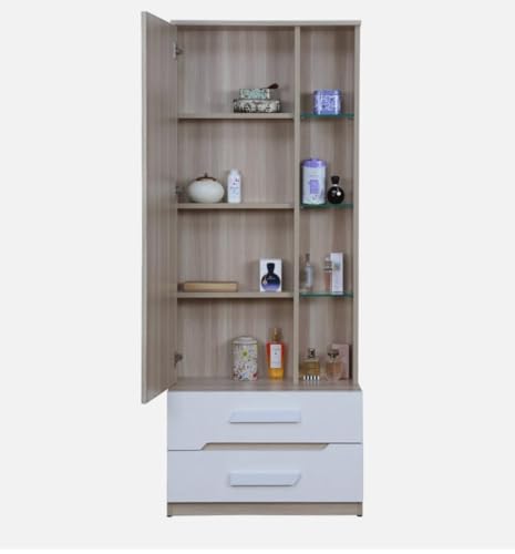 Image of CASPIAN Engineered Wood 1 Door Wardrobe (Oak Light and White) | Pre Assembled Furniture with Mirror & Vanity Dressing Table | Cupboard /Almirah for Bedroom Clothes Storage Organizer with 5 Shelves