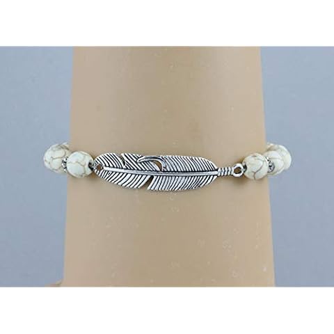 Feather bracelet stretch Cream Silver stretchy beaded bracelet metal charm Cover
