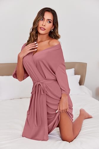 Image of Ekouaer Short Robes for Women Lightweight Kimono Robes Knit Bathrobe Soft Sleepwear with Pockets S-XXL
