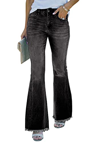 Necooer Womens Plus Size Destroyed Flare Jeans Elastic Waist Bell Bottom Raw Hem Denim Pants Slim Fit (XX-Large,A-Black)
