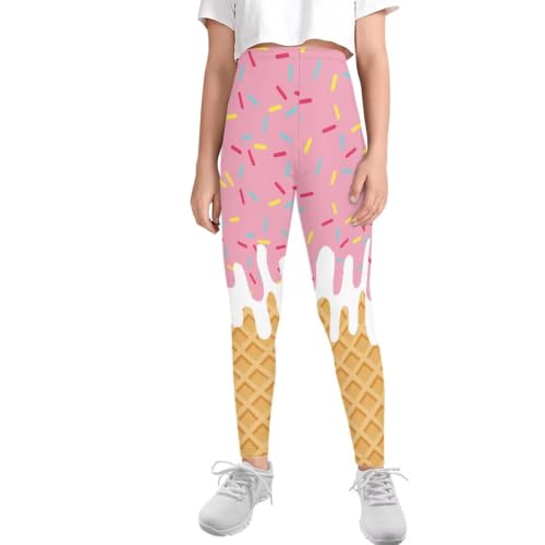 SCRAWLGOD Ice Cream Leggings for Little Kids - Cute Girls Yoga Pants Size 6-7 - Gym Running Tights, Children School Athletic Capri, Tummy Control Workout Sport Activewear