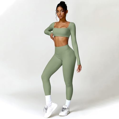 ABOCIW Workout Sets for Women 2 Piece Square Neck Long Sleeve Crop Tops High Waist Flared Leggings Gym Sets - Image 4