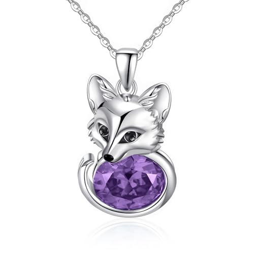 AIZANYU Fox Necklace Sterling Silver Cute Animal Pendant February Amethyst