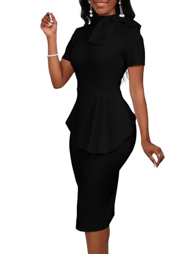 Image of WanMem Women Formal Bodycon Peplum Cocktail Dress Short Sleeve Bow Ruffle Pencil Party Midi Dresses