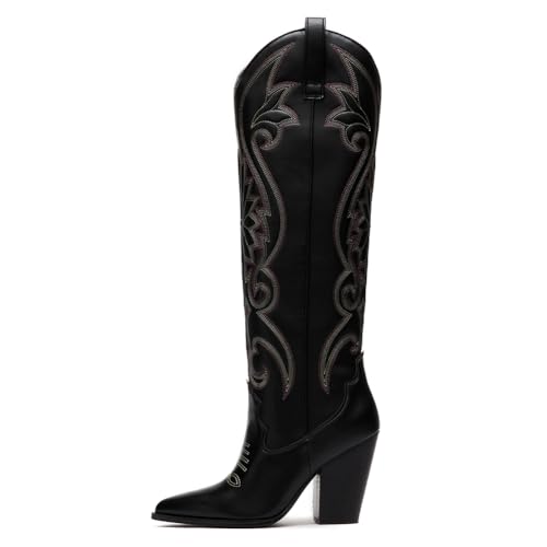 Image of VOMIRA Knee High Cowboy Boots for Women Pointed Toe Chunky High Heels Pull-on Embroidered Boots Western Boots Wide Calf Cowgirl Boots