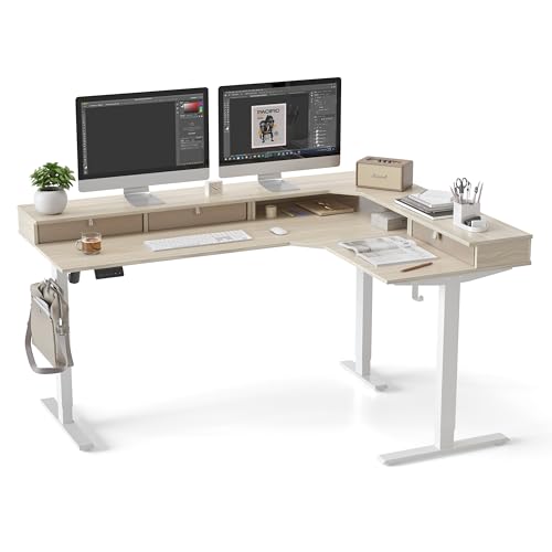 Image of CubiCubi L Shaped Standing Desk with Drawers 63 x 48 Inch Adjustable Height, Electric Corner Desk with Storage, Sit Stand Home Office Desk with Splice Board, Light Walnut