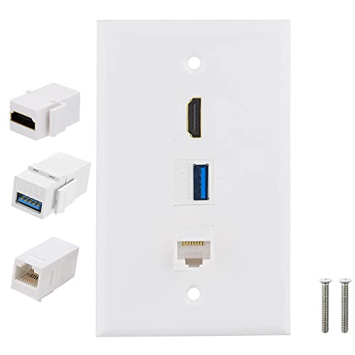 Halokny Wall Plate - 3Port HDMI USB Cat6 RJ45 Outlet with Keystone Jacks, White - Image 2