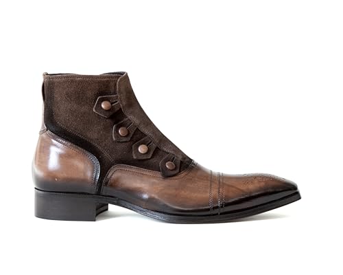 Jo Ghost 2379 Italian Brown Leather/Suede Combo Ankle Boots W Buttons & Zip