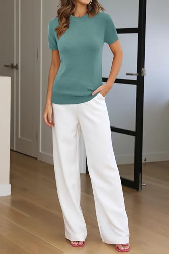 Image of Arach&Cloz Women's Lightweight Wool Blend Short Sleeve Sweater Top Business Casual