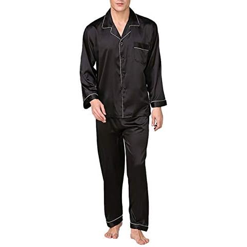 Zukmuk 2 Pcs Men´s Pyjamas Set Imitated Silk Turn-Down Collar Long Sleeve Tops+ Long Pants (Black, Large) Cover