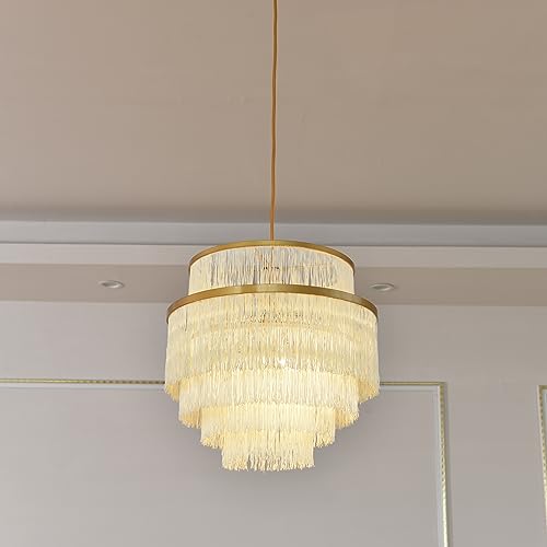 Topaluce 5 Tiers Boho Chandelier With Fringe,Gold 3-Light Fringe Pendant Light Fixture,Tassle Chandelier For Bedroom,Dining Room,Baby Nursery Lighting Beige cover