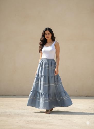 Image of Payal Creation Women's Rayon Flared Long Skirt with Gota Lace | Ethnic Maxi Skirt for Girls & Women | Festive Casual Flowy Comfortable Skirt | Free Size White Long Skirt