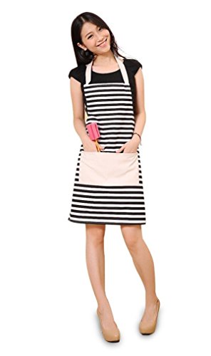 FirstKitchen Kitchen Apron Women, Canvas Apron with Pockets, Black and White Striped Apron, Cooking Aprons for Women, Men Chef, Kitchen Bib Apron for Baking, Grilling and Gardening