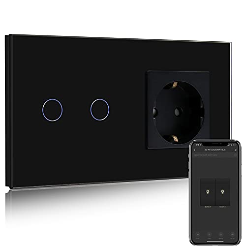 BSEED Presa normale con interruttore della luce Smart Alexa, compatibile con Alexa, Google Home, interruttore touchscreen in vetro, interruttore della luce intelligente a 2 scomparti, 1 via, presa 16