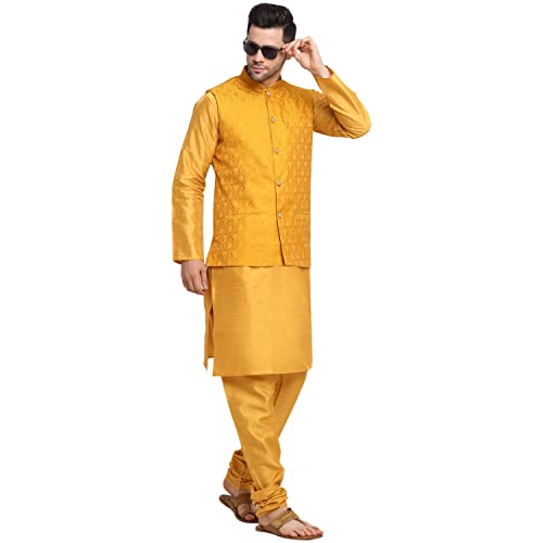 Image of KRAFT INDIA Mens Gold Silk Blend Kurta and Churidar Set With Jacquard Paisley Nehru Jacket