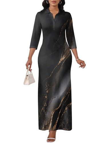 Image of PinkPatty Women's Casual 3 /4 Sleeve Polo V Neck Bodycon Maxi Dress