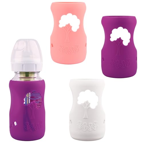 Image of 3 Pack Silicone Sleeves for Dr. Brown's Natural Glass Baby Bottles, Anti Breakage Baby Bottle Holder, Compatible Dr. Brown Wide-Neck Glass Baby Bottles 9 oz (White+Pink+Purple)