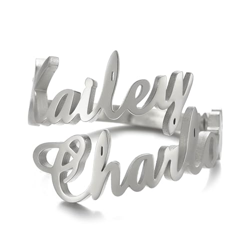 TEAMER Personalized Name Ring Stainless Steel Custom Promise Ring Adjustable Couples Rings Personalized Jewelry for Women Mother