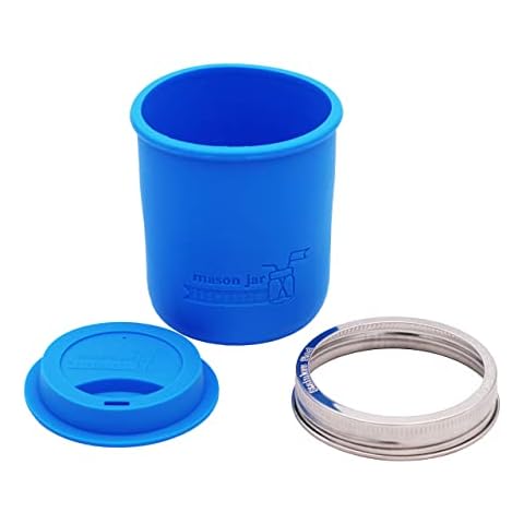 Wide Mouth Silicone Sleeve with Matching Silicone Drinking Lid and Stainless Steel Band for Mason Jars (Bright Blue) Cover