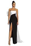 COCOMELODY Black White Long Prom Dress with Bow Floor Length Strapless Satin Cocktail Dresses with Slit Sheath Column Floor Length Modest Formal Gown with Lace Up Black US8