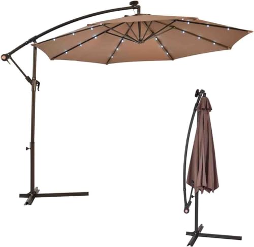 Casart 10FT Patio Umbrella Solar 24 LEDS Lighted W/Cross Base for Garden, Lawn and Yard Sun Shade Market Umbrella (Tan)