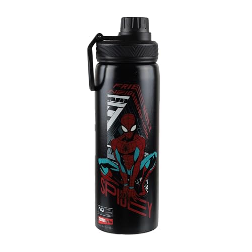 Image of Marvel Spider-Man Stainless Steel Water Bottle for Kids & Boys 700ml | Leakproof BPA-Free Non-Insulated Sipper Bottle with Handle | Black School Gym Sports Water Bottle
