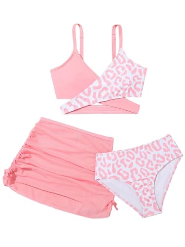 Milumia Girl's 3 Piece Swimsuits Leopard Print Wrap Bikini Bathing Suit with Coverup Skirt