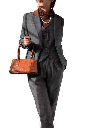 Women's Herringbone Tweed 3 Pieces Suit One Button Office Lady Blazer Vest Pants