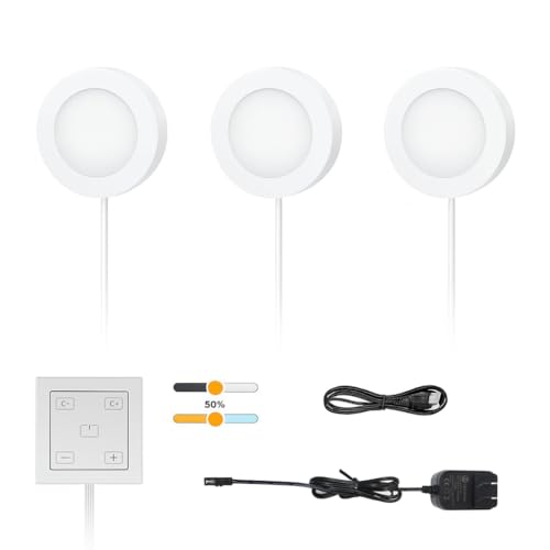 Image of VST Under Cabinet Lights CCT 3000K-6000K, Puck Lights Color Temperature and Brightness Adjustable with Touch Switch and ETL Listed Led Driver, Plug in Led Light for Kitchen Under Cabinet 3pack