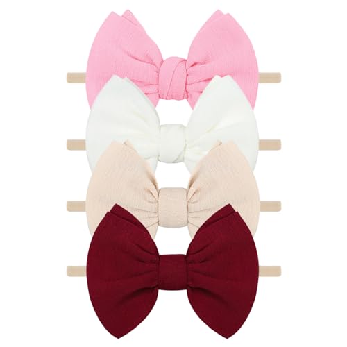 Image of Ewaycom 4Pcs Baby Bow Headbands Newborn Infant Toddler Soft Cloth Elastics Bows Hairband Handmade Hair Accessories for Girls Boys (Burgundy + Beige + White + Pink)