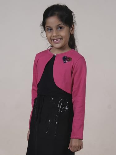 Image of KiddoPanti Girls Fleece Crop Length Shrug | Cotton Poly Fleece Fabric |Sequin Patch on Chest | Front Open Pearl Button Closure | Crop Length, Full Sleeve | Lightweigth & Breathable Girls Shrug
