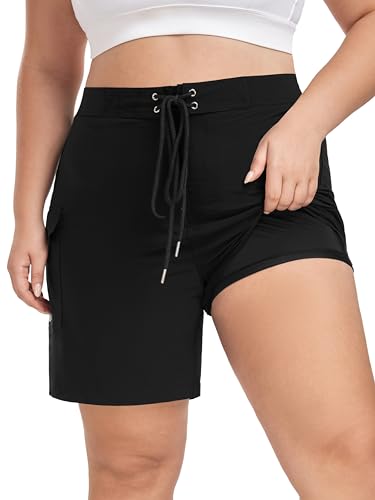 FOREYOND Women's Plus Size Board Shorts Quick Dry Swim Shorts High Waisted Swim Pants with Pockets Liner Trunks