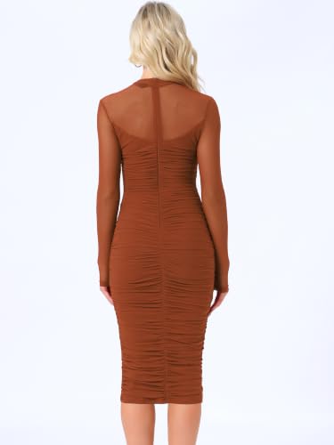 Image of Allegra K Mesh Dress for Women Long Sleeve Mock Neck Ruched Bodycon Dresses | Ruched, Lightweight Stretchy Mesh Sheer, Evening, Cocktail, Party Club