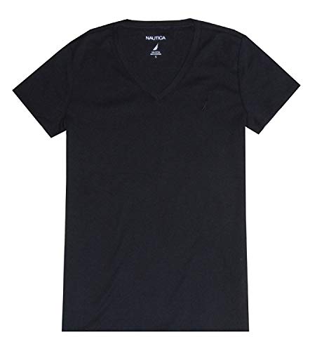 Nautica Women Solid Slim Fit Short Sleeve V-Neck T-Shirt (L, Navy)