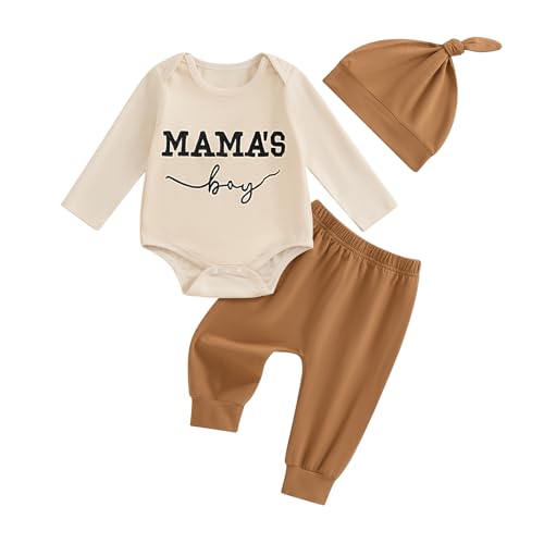 niceclould Newborn Baby Boy Girl Outfit Long Sleeve Crew Neck Letter Romper Top Solid Color Pants Hat 3pcs Fall Clothes Set (A-Khaki, 12-18 Months)