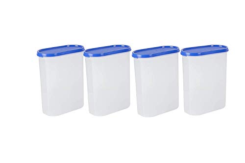 SIMPARTE 2400ml Oval Modular Plastic Container Set of 4 BPA-Free Airtight Stackable Kitchen Storage Boxes with Blue Lids Food Grade Organizer for Pantry Cereals Pulses Flour Snacks Grains Essentials