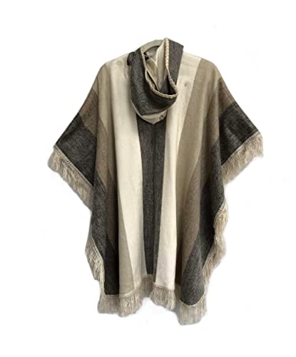 100% Handmade in Ecuador, Button-Up BABY ALPACA Wool Cape Poncho Wrap Shawl COAT with Hood (Beige Stripes)2