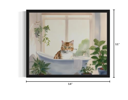 Image of Cat Black Framed Wall Art Poster Print, Animal Bathtub Restroom Wall Art Painting for Bathroom Decor Gallery Gallery 30 (Cat, 14 inch L x 11 inch W, Black Frame)