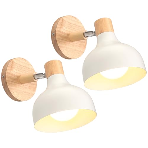 iDEGU Lot de 2 Applique Murale Interieure Rétro 15CM Lampe Murale Réglable en Bois Métal E27 Luminaire Industriel Spot LED Plafonnier Vintage Éclairage Mural pour Salon Chambre Restaurant (Blanc Mat)