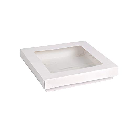 Image of PacknWood 210KRAYWH195 - White Box with Window - White Square Paper 2-Piece Box with Window Lid - white bakery box with window (60 oz Capacity) - (7.1 inch x 7.1 inch x 2 inch) (200 per case)