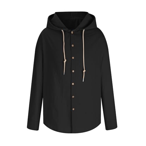 Men's 2025 Fashion Hoodie Button Down Shirts Casual Solid Color Cotton Linen Long Sleeve Hooded Cardigan Shirt4