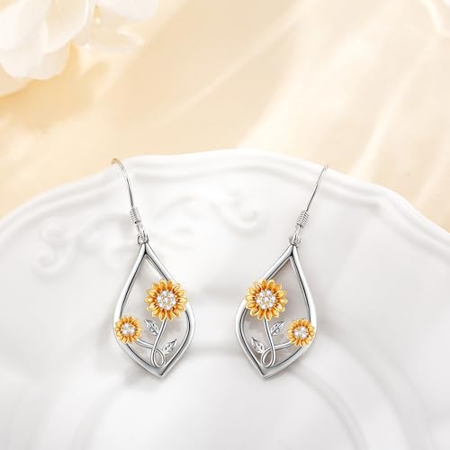 Sunflower Earrings 925 Sterling Silver Sunflower Teardrop Dangle Drop Earring Sunshine Floral Earrings Sunflower Jewelry Gifts for Women2