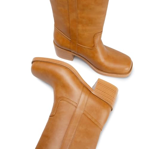 Image of Gothictor Women's Banana Knee High Boots Square Toe Chunky Block Heel Comfortable Low Heel Pull on Wide Calf Riding Long Boots for Women