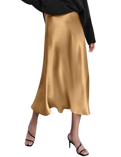 HOTOUCH Womens Midi Skirt Satin High Waist Skirt Elegant Silk Skirts Khaki