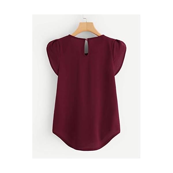 Milumia Womens Casual Round Neck Basic Pleated Top Shirt Curved Keyhole Back Blouse (Burgundy, Large, Cap Sleeve)