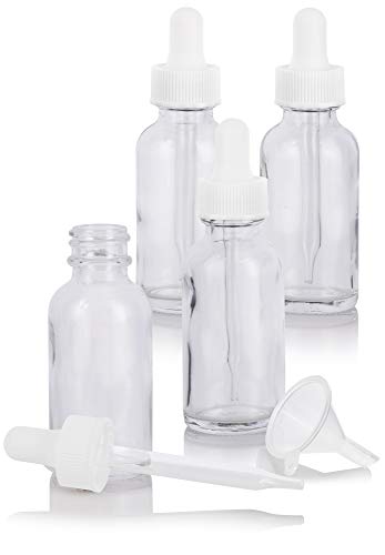 1 oz Clear Glass Boston Round White Dropper Bottle (4 Pack) + Funnel