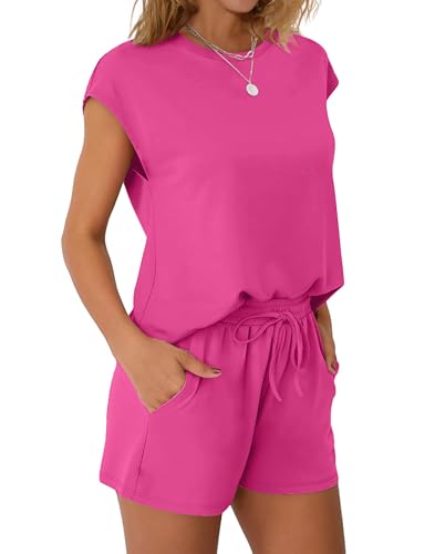 Image of WIHOLL Two Piece Sets for Women Summer Crew Neck Lounge Short Sets Cap Sleeve Drawstring Sweatsuit with Pocket